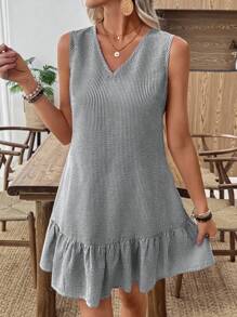 EMERY ROSE 女式夏季条纹露背单排扣荷叶边下摆休闲无袖迷你连衣裙 - 黑色 - 查看 7