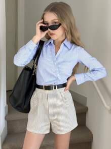 SHEIN Tween Girl Loose-Fit Casual Striped Collared Button-Up Asymmetric Hem Ruffled Shirt, Comfortable & Elegant Daily School Blue Striped Shirt Striped Collared Shirt Blue And White Striped Summer Shirt Fall Winter - Blue - View 7