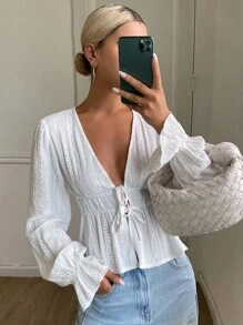 DAZY Women's Solid Color Drawstring Tie Waist Long Flare Sleeve V-Neck Casual Elegant Autumn/Winter Top Long Sleeve Top - White - View 5