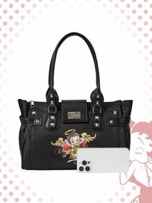 Betty Boop | ROMWE Women's Cartoon Figure Graphic Retro Y2K Rivet Versatile Commuting Large Capacity Tote Bag, New Arrival Tote Bags For Woman , Office Bag - Black - View 4