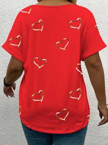 INAWLY Áo thun tay ngắn cổ chữ V in họa tiết trái tim cỡ lớn cho nữ, mùa xuân/hè, thích hợp cho ngày lễ tình nhân - Đỏ - Xem 2