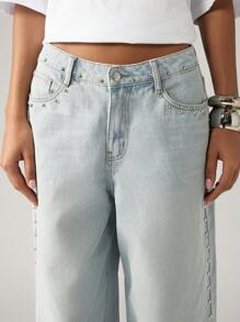 AiiRZ 宽腿铆钉宽松牛仔裤复古 Y2K 时尚水钻细节个性裤节日演唱会派对街头服饰秋冬牛仔布 - 藍色 - 查看 4