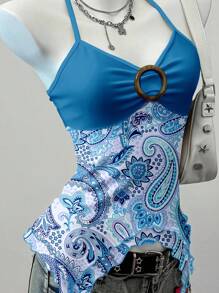 SHEIN EZwear Printed Mesh Blue Cashew Flower Vacation Grunge Print Pattern Women Camisole Top, Retro Y2K, Suitable For Street Style ,Halter Top - Multicolor - View 4