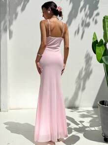 Aloruh Nuevo vestido de verano con tirantes de espagueti de malla verde y aplicaciones, ajustado para mujer - Verde - Ver 4