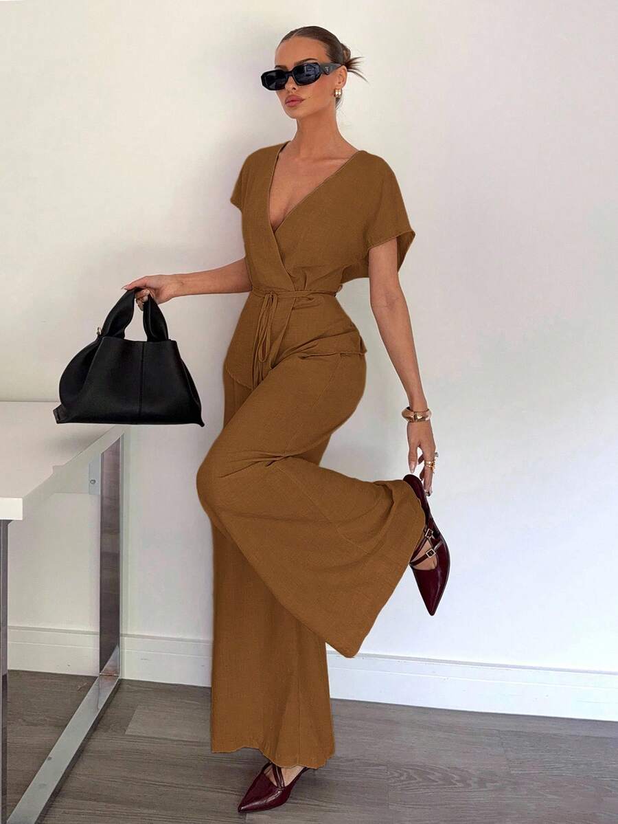 Siren Gaze Women's Elegant Casual Holiday/Office Commute V-Neck Belted Loose Jacket And High Waist Relaxed Pants, Suitable For Summer Brown