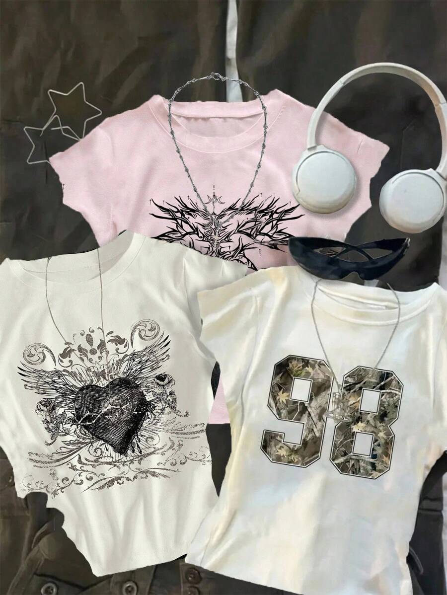 SHEIN Explorewe 3pcs/Set Loose Fit Short Sleeve Tops, 98 Numeric Print & Dark Style Heart Print, Suitable For Back To School In Summer & Autumn Girls Graphic Tees Teen Girl Graphic Tees Girls Shirt Sets Summer Holiday - Pink - View 1