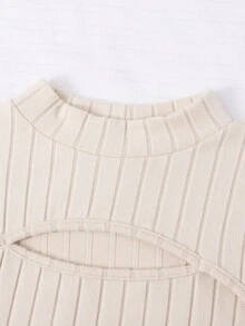 Sparklyn Camiseta casual de manga larga con cuello alto y unicolor acanalado para adolescentes, verano - Caqui - Ver 4