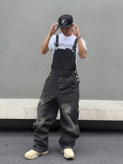 Manfinity EMRG Men Ripped Plain Rapper Basic Slant Pocket Denim Overall Jumpsuit Without Tee, For Going Out Going Out Hang Out Commute Street College