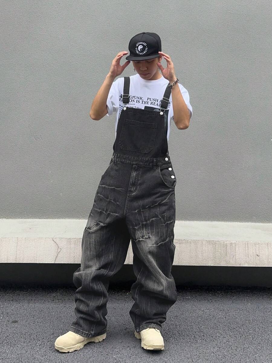 Manfinity EMRG Men Ripped Plain Rapper Basic Slant Pocket Denim Overall Jumpsuit Without Tee, For Going Out Going Out Hang Out Commute Street College