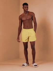 SUMWON Summer Beach Swimming Shorts Drawstring Waist Quick Drying Lightweight Curved Hem Board Shorts Mid Length Vacation Resort Wear Pool Party Swimwear - Yellow - View 4