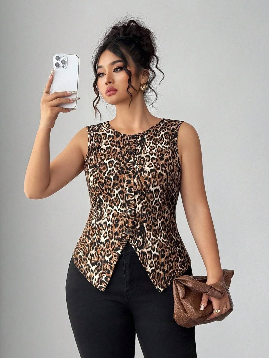 Elenzga Camiseta de tirantes con cuello redondo y bajo asimétrico con estampado de leopardo para tallas grandes - Marrón - Ver 1