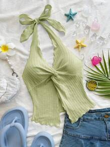 Soleia Top de tirantes con cuello halter, espalda anudada y drapeado texturizado para vacaciones, talla grande para mujer - verde menta - Ver 3