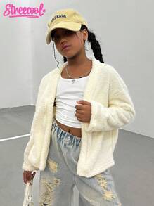 Tween Girl Casual Everyday Streetwear Warm Fuzzy Loose Batwing Long Sleeve Cropped Shrug Jacket, Apricot - Apricot - View 4