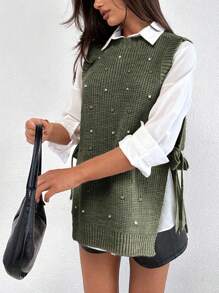 EURMUSE Round Neck Sleeveless Sweater With Pearls - Army Green - View 4
