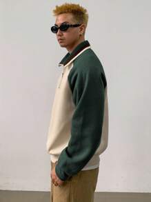 DAZY Men's Autumn Contrast Color Letter Embroidery Raglan Sleeve Pullover Sweatshirt Quarter Zip Men - Green - View 3