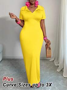 Slaydiva Vestido de manga corta con cuello polo, ajustado, elástico, minimalista, versátil y casual para uso diario en verano, talla grande para mujer