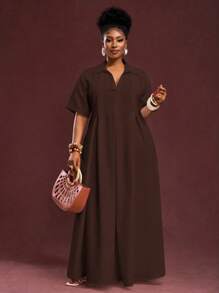 Slaydiva 2025 Frühling/Sommer Neuankömmling Urlaub & Pendeln & Lässig Weiß Locker Kurzarm V-Ausschnitt Plissee A-Linie Maxi Hemdkleid für Damen, Große Größen