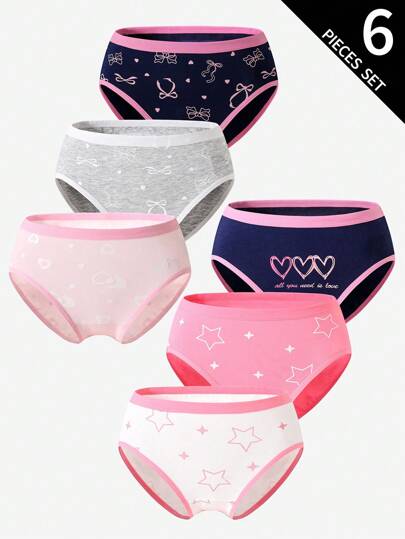 Sparklyn Set de 6 piezas de bragas de algodón con estampados de corazones, moños, estrellas y cuadros para niñas preadolescentes, ropa interior infantil, set de 6 piezas, moda de vuelta al colegio