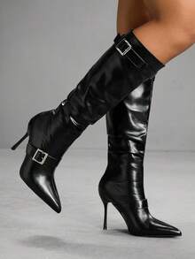 CUCCOO SZL Fashionable Women's Pointed Toe Knee-High Boots With Buckle Design - Black - View 1