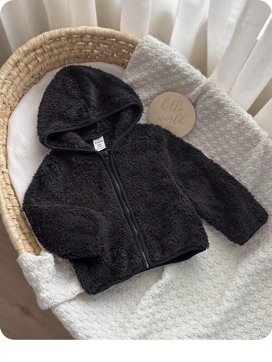 Baby Boy Zip Up Hooded Teddy Jacket,In Fall/Winter - Black - View 1