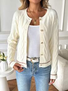 SHEIN Tall Women's 70s French Elegant Round Neck Knitted Cardigan,Blue And White Stripe,Autumn School Back-To-School Versatile Slim Fried Dough Twists Button, Tall Women - Apricot - View 4