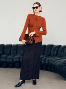 Uhlyne Uhlyne Suéter de punto cruzado con botones elegante y entallado para mujer, estilo minimalista, para otoño/invierno - Óxido marrón - Ver 6