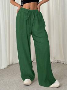 SHEIN EZwear Women's Olive Green Front Tie Casual Pleated Textured Long Pants - Dark Green - View 4