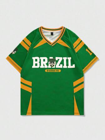 Street Life Men's Brazil Football Graphic V-Neck Short Sleeve Sports T-Shirt Jersey