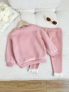 LMoss Kids LMoss 2pcs Baby Girl Knitted Bow Pattern Crew Neck Casual Sweatshirt And Leggings Set Pink Bow Baby Outfit Baby Girl Ruffle Pants Set Baby Girl Sweat Set Baby Girl Long Sleeve Set Baby Girl Clothes Girls Co Ord Set Fall Winter