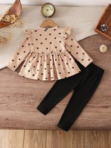 LMoss Kids Baby Girl LMoss 2 Pieces Clothes Set Heart Pattern Knit Casual T-Shirt And Leggings Set Fall Winter - Multicolor - View 2