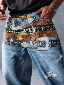 ROMWE MEN Street Life Jeans décontractés à jambes larges et coupe ample pour hommes avec design de ceinture - Bleu azur - Voir 2
