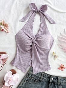 Soleia Fashionable Sexy Halter Tied Twist Hem Slit Backless Camisole,Rave Top - Mauve Purple - View 4