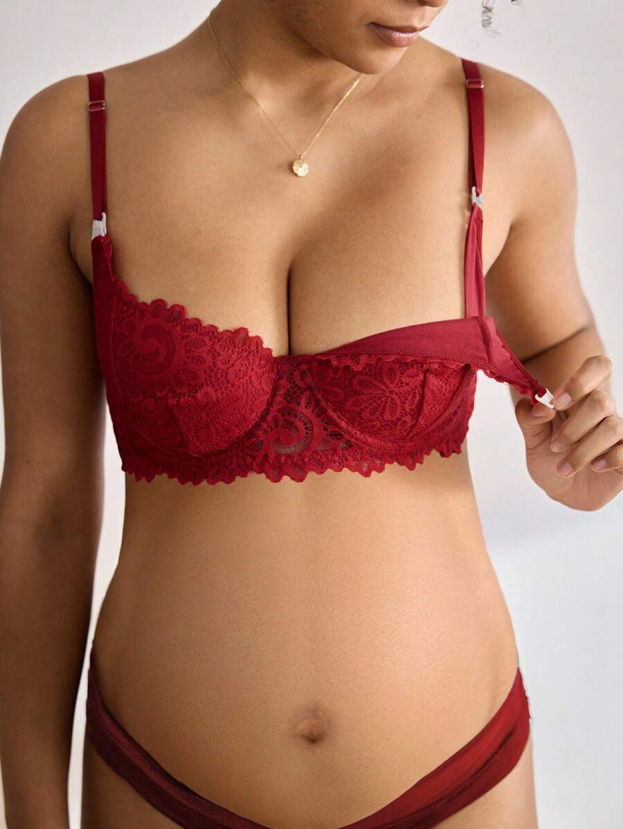 BloomMama Plain Burgundy Maternity Bra With Elegant Scallop Lace For Nursing Moms Burgundy Bralette Nursing Bra - Burgundy - View 1