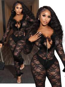 BamGleam Damski, półprzezroczysty, koronkowy kombinezon z długim rękawem i ozdobnymi piórkami, odpowiedni na lato i jesień - Czarne - Zobacz 6