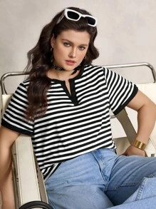 Zelara Plus Striped Notched Neckline Contrast Binding Tee, Summer Back To School Back To School School Clothes Back To School Clothes  Homecoming Dress Teacher - Black and White - View 6