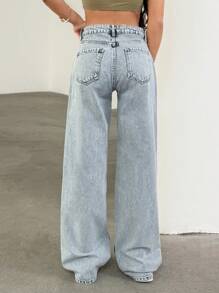 EURMUSE 低腰口袋阔腿牛仔裤 - 中等水洗藍 - 查看 2