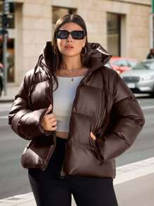 EURMUSE Plus Solid Zip Up Hooded Padded Coat - Coffee Brown - View 1