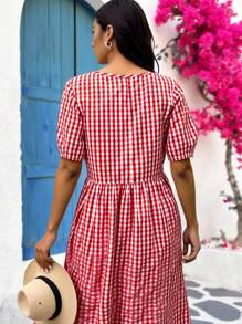 INAWLY 大码格子印花休闲度假连衣裙 - 紅色 - 查看 2