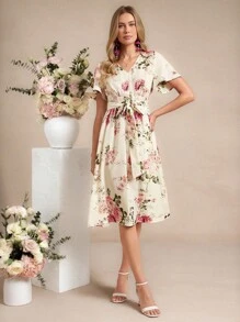 Amorya 浪漫碎花夏季休闲优雅粉色连衣裙，女士外出、度假、下午茶、上学穿搭、夏季连衣裙、婚礼宾客礼服、度假装、粉色连衣裙、生日装、女士连衣裙