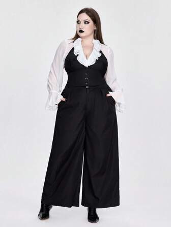 Conjunto de 2 piezas de Top ajustada con cuello alto y pantalones de pierna ancha de unicolor talla grande
