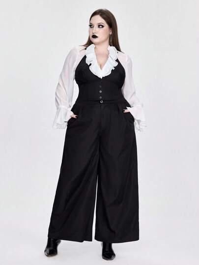 طقم قطعتين من لباس علوي ذات الياقة العالية والساق الواسعة بلون أحادي مقاس كبير