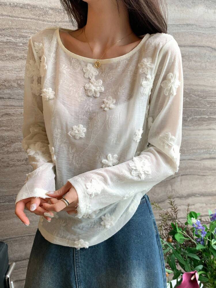 Embroidered Floral Sheer Long Sleeve T-Shirt, Women's Cover Up With Design