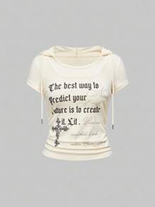 ROMWE Grunge Punk Y2K 复古美式街头图案印花短袖连帽衫 - 杏色 - 查看 1