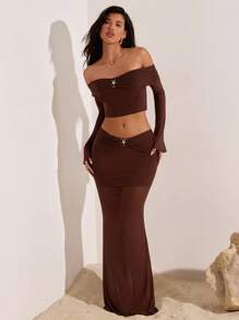 Opulessa Women's Solid Color Pleated Off Shoulder Flare Sleeve Cropped Top And Fitted Midi Skirt 2-Piece Set, Brown Two Pieces Set Women, 2 Pieces Long Skirt Set Mesh Two Pieces Set Brown Mesh Two Pieces Set Two Pieces Maxi Skirt Set