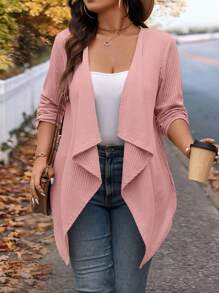 SHEIN LUNE 加大码冬季时尚不对称领设计长款针织开衫，适合外出和工作，秋季女士秋季服装 - 粉色 - 查看 1