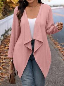 SHEIN LUNE 加大码冬季时尚不对称领设计长款针织开衫，适合外出和工作，秋季女士秋季服装 - 粉色 - 查看 4