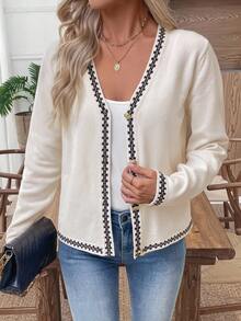 SHEIN LUNE New Soft & Cozy V-Neck Cropped Cardigan Sweater For Women, Personalized Color Blocking, Suitable For Spring & Autumn - Apricot - View 5