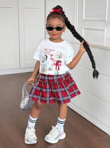 Young Girl 2pcs Set: Knitted Crew Neck T-Shirt & Plaid Skirt