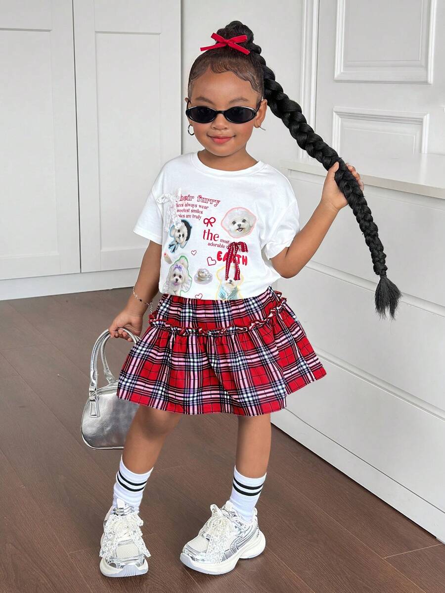 Young Girl 2pcs Set: Knitted Crew Neck T-Shirt & Plaid Skirt