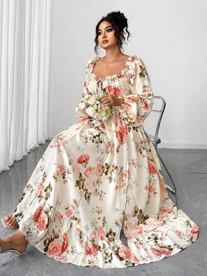 Elenzga Halloween Plus Size Women's Elegant French Lady Fashion Personalized Frill Trim Puff Sleeve Fitted Long Dress, Suitable For Daily Wear, Outing, Commuting Fall Cloth For Women